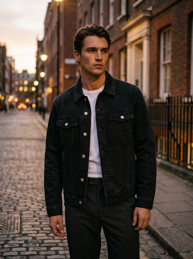Model wearing Gilded Streets Vintage Wash Denim Jacket, editorial