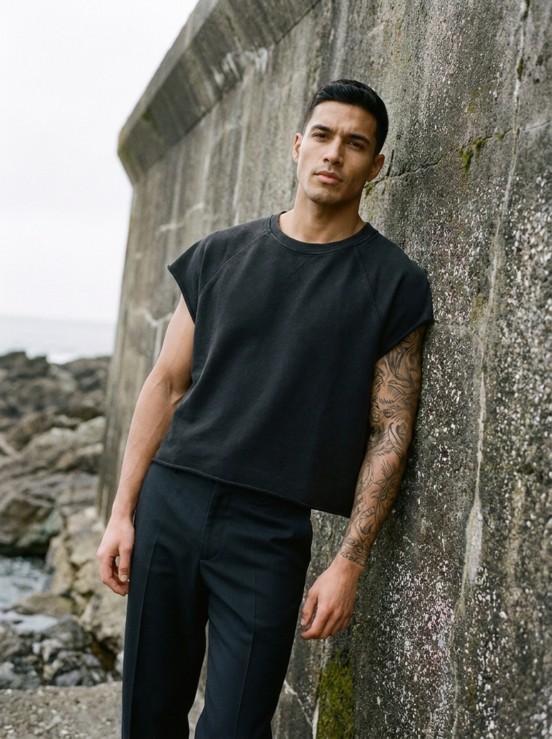 Model wearing the Vintage Wash Raw Edge Tee