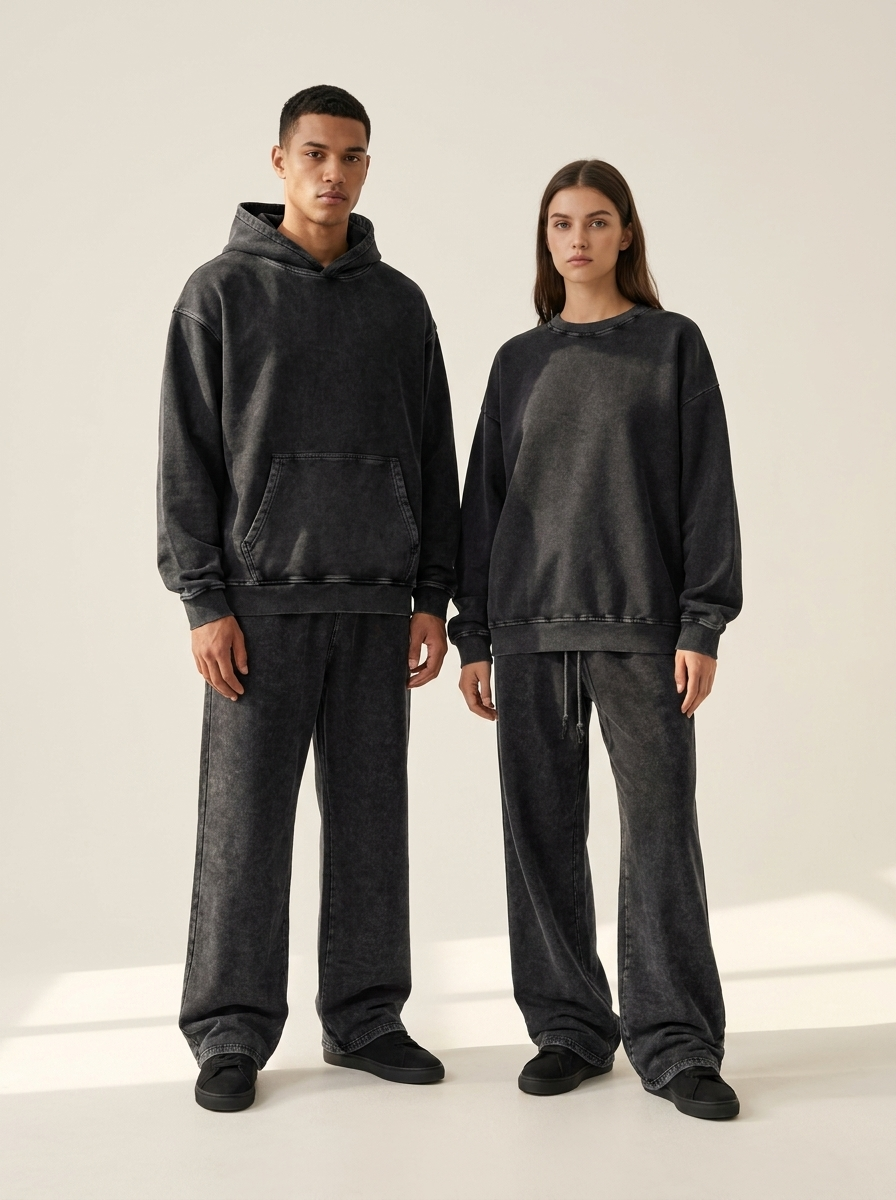 Female model in the Acid Wash Oversize Sweatshirt and male model in the Acid Wash Oversize Hoodie, both wearing the Acid Wash Straight Leg Pant