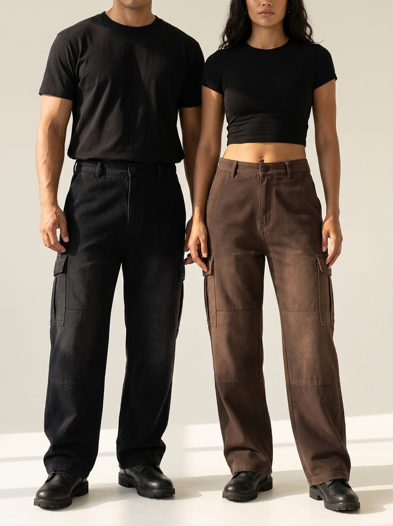 Male model in the black Sunfade Cargo Pant and female model in the coffee Sunfade Cargo Pant with black boots