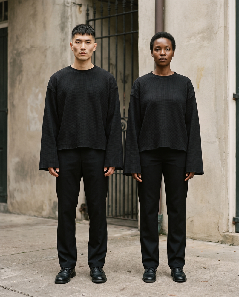 Male and female models wearing the Waffle Knit Raw Hem Long Sleeve Tee in Black