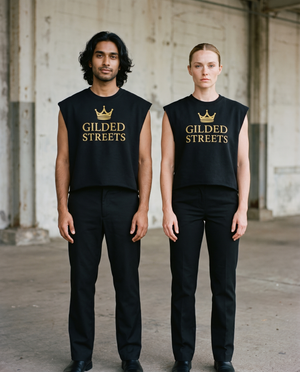 Male and female models wearing the French Terry Crown Logo Boxy Tank in Black