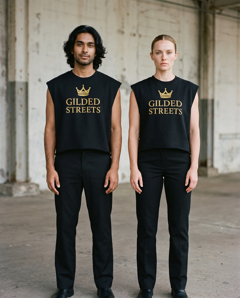 Male and female models wearing the French Terry Crown Logo Boxy Tank in Black