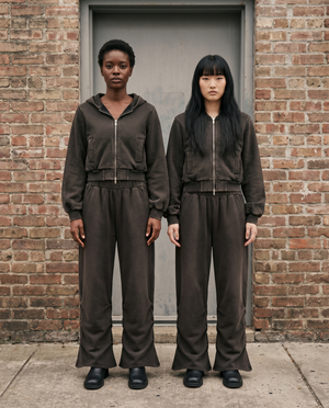 Two models wearing the Gilded Streets Vintage Wash hoodie and sweatpant set, New Orleans Arts District