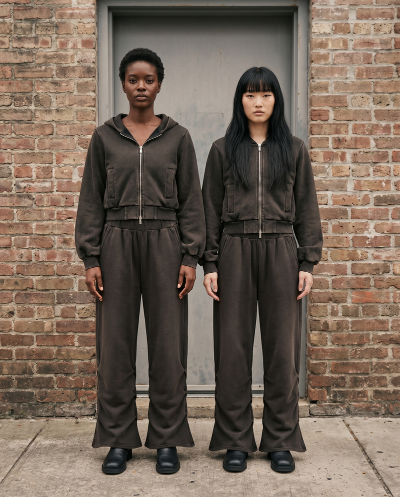 Two models wearing the Gilded Streets Vintage Wash hoodie and sweatpant set, New Orleans Arts District