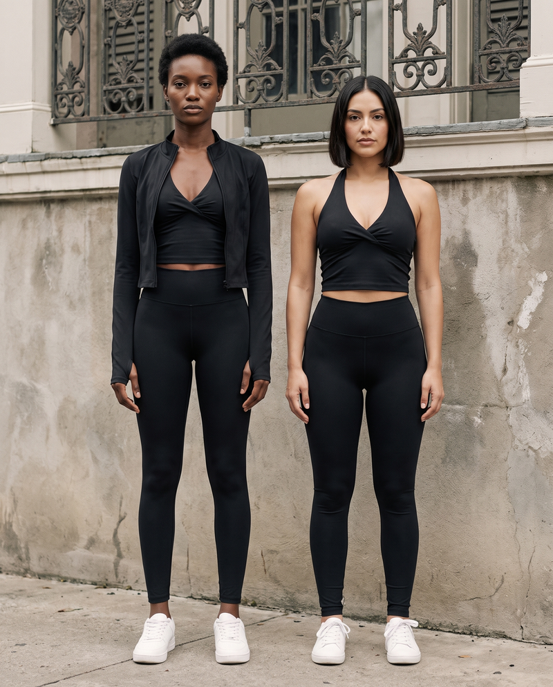 Two models wearing the Gilded Streets Ruched set in black, New Orleans Garden District