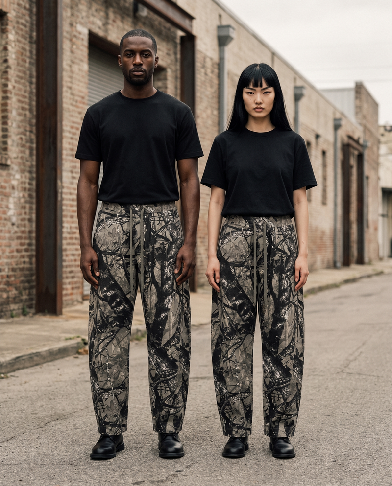 Two models wearing the Tree Camo Barrel Leg Pant in Gray Tree Camo, New Orleans Arts District