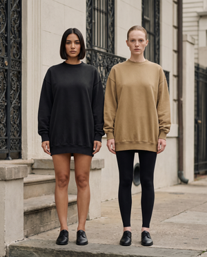 Two models wearing the Vintage Wash Pullover Dress, Black and Khaki with black leggings, New Orleans Garden District